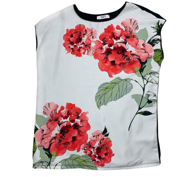 sleeveless t-shirt women with bold floral print size small SUZY SHIER - Picture 1 of 13